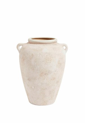 Tall beige ceramic vase with a wide round body, narrow base, slightly flared open top, and two small loop handles near the neck.