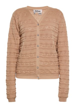 Beige cardigan dengan pola tekstur, leher V, tombol depan, dan manset bergaris. Memiliki tombol dekoratif dan desain rajutan terbuka.