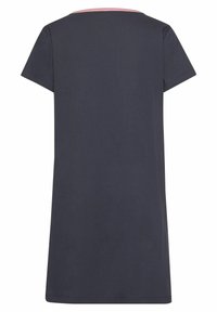 Dark gray T-shirt dress with short sleeves and a round neckline, featuring a light pink collar accent. Soft fabric with a simple design.
