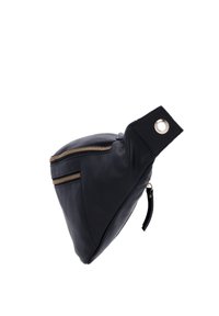 Schwarze Leder-Tasche in dreieckiger Form mit zwei goldenen Reißverschlussverschlüssen, einem seitlichen Griff und einem Metallösen. Glatte Textur und schräges Design.