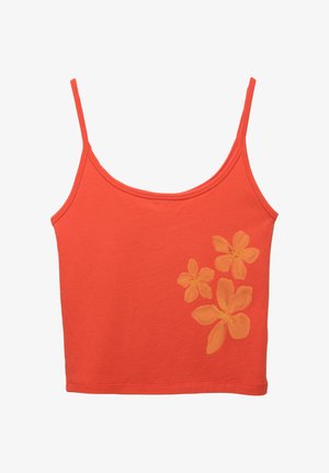 Débardeur corail en coton, orné de trois motifs floraux jaunes sur le côté gauche et doté de fines bretelles.