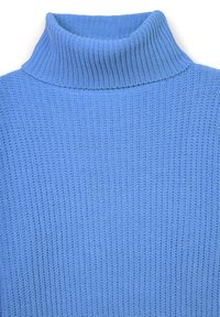 Blau gerippter Rollkragenpullover mit hohem Kragen, strukturiertem Strickmuster und weichem Stoff mit subtilen Farbvariationen.
