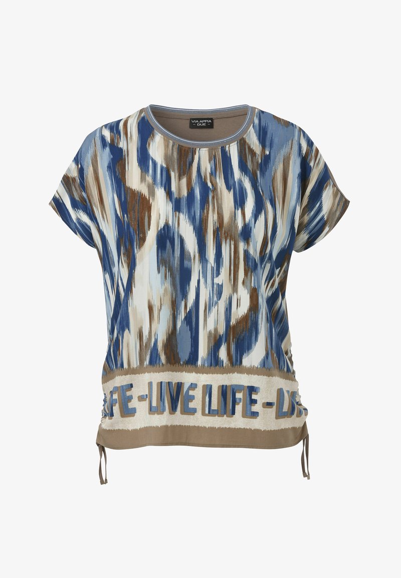 Bluish patterned top featuring a round neckline, short sleeves, and a hem with a "LIVE LIFE" text accent. Material appears smooth.