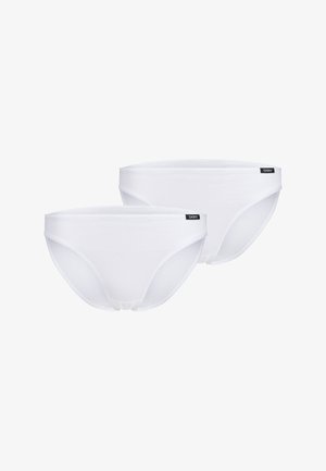 Weißes Baumwoll-Slip-Set mit weichem Bund, glatter Textur und schwarzem Markenzeichen an der Seite. Zwei Teile enthalten.