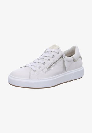 Sneaker bianca in pelle con punta tonda, chiusura con lacci, zip laterale e parte superiore testurizzata. Suola bianca con accenti marrone chiaro.