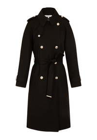 Cappotto trench nero doppio petto con bottoni dorati, spalline, cintura in vita legata davanti e cinghie ai polsini.