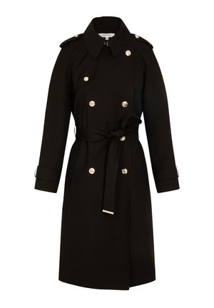 Cappotto trench nero doppio petto con bottoni dorati, spalline, cintura in vita legata davanti e cinghie ai polsini.