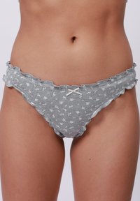 Grijze bikinionderkant met bloemenpatroon, voorzien van golfachtige randen en een klein strikaccent aan de voorkant. Gemaakt van zachte, rekbare stof.