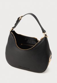 Black leather handbag with a soft, textured finish, gold zipper, and branding. Features a single shoulder strap for easy carry.