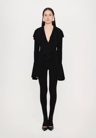 Norma Kamali LONG SLEEVE DEEP RUFFLE CATSUIT FOOTIE - Salopetă - black