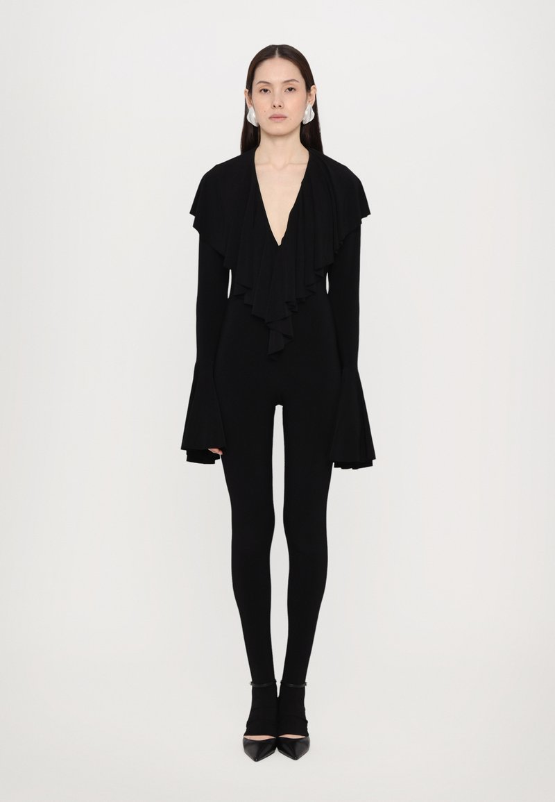 Norma Kamali LONG SLEEVE DEEP RUFFLE CATSUIT FOOTIE - Mono - black