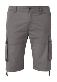 Graue Cargo-Shorts mit vorderem Knopf, Gürtelschlaufen, seitlichen Taschen mit Klappen und verstellbaren Kordeln am Saum.