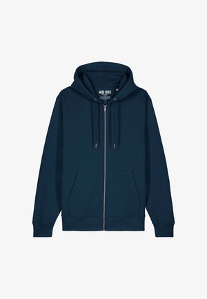 Laivaston sininen vetoketjullinen huppari, valmistettu pehmeästä kankaasta, jossa säädettävä huppu, etutaskut sekä resorit hihansuissa ja helmassa.