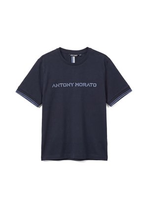T-shirt blu navy a maniche corte con scritta "ANTONY MORATO" sul davanti, con rifiniture a righe sulle maniche e collo rotondo.