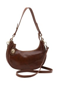 Borsa a tracolla in pelle marrone con forma arrotondata, dotata di chiusura zip, tracolla regolabile e dettagli di cucitura a contrasto.