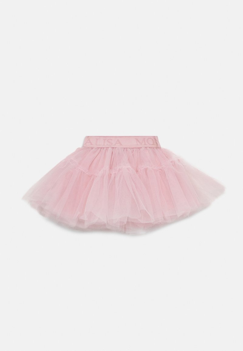 Jupe en tulle rose avec volants superposés, taille élastique avec le texte "ALISA MON", texture légère et aérée, design à hauteur du genou.