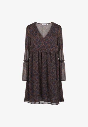 Robe imprimée florale en bleu foncé et brun. Elle présente un col en V, des manches longues transparentes avec des bandes élastiques, et une silhouette évasée.