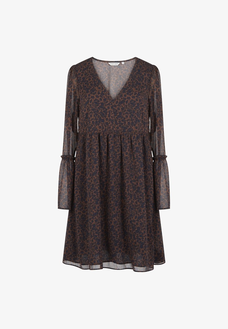 Robe imprimée florale en bleu foncé et brun. Elle présente un col en V, des manches longues transparentes avec des bandes élastiques, et une silhouette évasée.