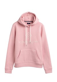 Roze katoenen hoodie met een voorzak, een verstelbare capuchon en een wit logo met een diamantvorm en de merknaam "GANT."