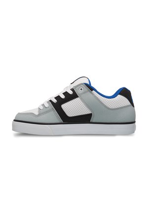 Gray sneakers with a smooth texture, black and white accents, and blue lining. Features perforated panels and a low-profile rubber sole.