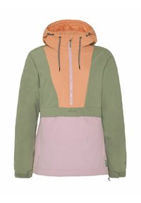 Kleurgeblokte jas met een groen, perzik en roze ontwerp. Capuchon met aantrekkoorden en een voorkant met rits. Soepele textuur en sportieve uitstraling.