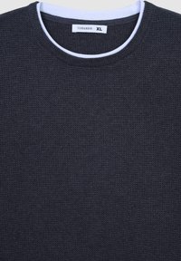 Maglione lavorato a maglia grigio scuro con scollo a girocollo, caratterizzato da un motivo testurizzato e un colletto interno bianco. L'etichetta riporta "Terranova XL."