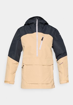 Giacca a pullover beige e grigio scuro, con cappuccio, tasca frontale, zip laterale e pannelli di colore a contrasto. Realizzata in materiale liscio e resistente alle intemperie.