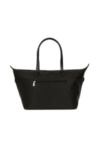 Zwarte totebag van glad nylon met twee handvatten, voorzien van een ritszak aan de voorkant en een ruime binnenkant.