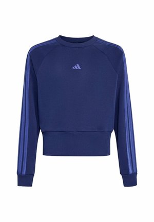Tmavě modrá mikina s dlouhým rukávem s žebrovanými manžetami a lemem, fialové logo Adidas na hrudi a tři fialové pruhy na každém rukávu.