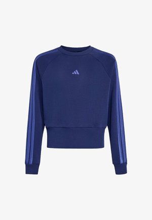 Granatowa bluza z długim rękawem z prążkowanymi ściągaczami na rękawach i u dołu, fioletowe logo Adidas na piersi oraz trzy fioletowe paski na każdym rękawie.