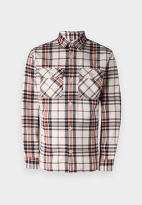 Langarm geruit overhemd in crème, marineblauw en roestkleurige tinten. Beschikt over twee borstzakken en een button-down kraag. Gemaakt van een gestructureerde stof.