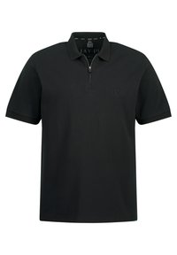 Camiseta polo negra de manga corta, con cierre de cremallera en el pecho y un discreto logo. Tejido suave con un corte informal.