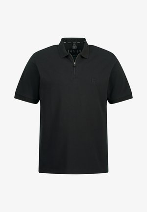 Schwarzes Polohemd mit kurzen Ärmeln, Reißverschluss und dezentem Logo-Detail auf der Brust. Glattes Material mit lässiger Passform.