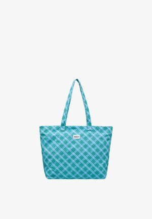 Blau-grün karierte Tragetasche mit zwei Griffen und einem kleinen rechteckigen weißen "ROXY"-Logoaufnäher in der Mitte vorne.