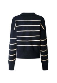 Pusmas zila saīsināta džemperis ar krēmkrāsas horizontālām svītrām, ribotām apkaklītēm un piedurknēm, kā arī brīvs piegriezums. Mīksta adīta struktūra.