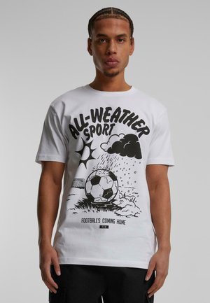 White cotton t-shirt featuring a black graphic design with a soccer ball, clouds, and text reading "ALL-WEATHER SPORT" and "FOOTBALL'S COMING HOME."
