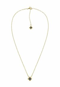 Gouden ketting met een delicate schakel en een zwart klavervormig pendant, voorzien van een verstelbare lengte kettingverlenging.