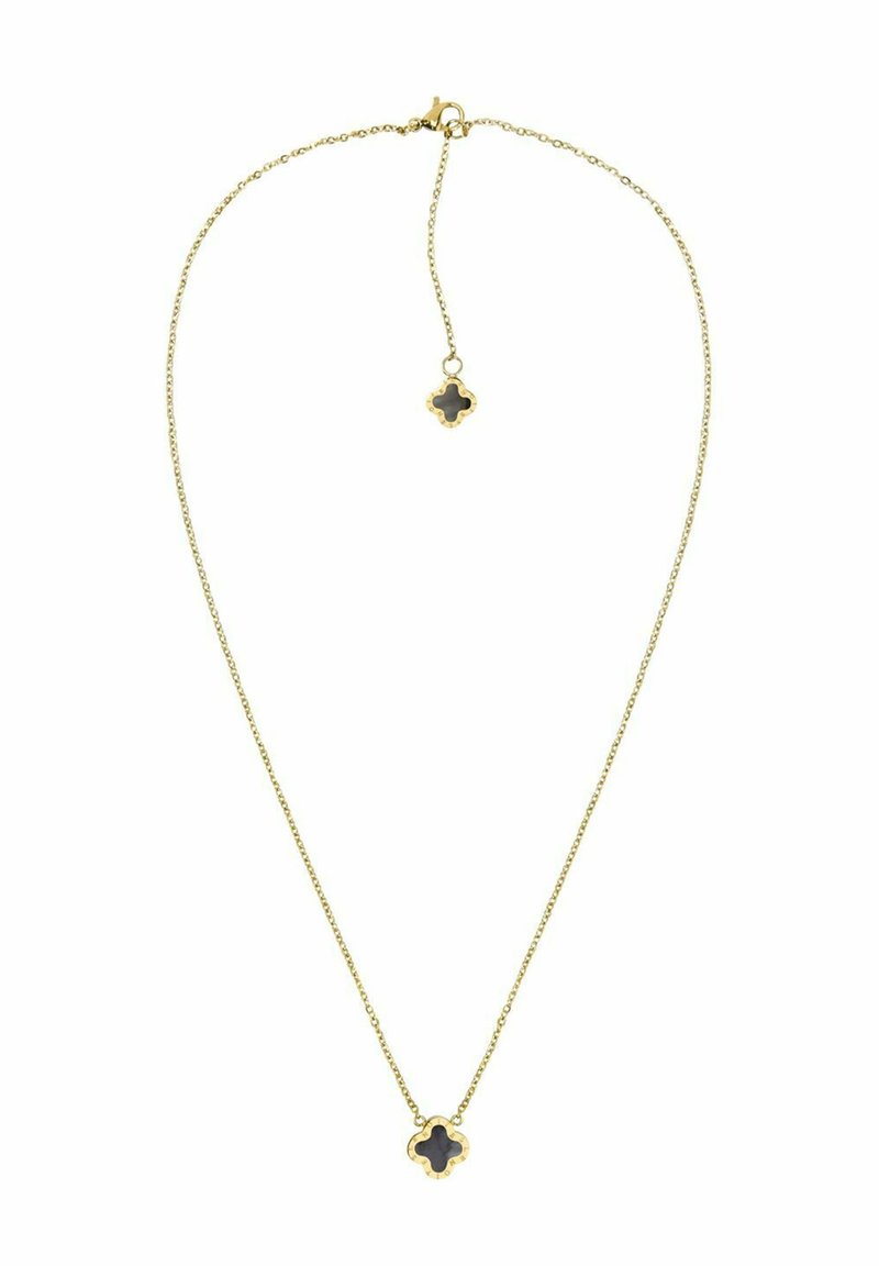 Gouden ketting met een delicate schakel en een zwart klavervormig pendant, voorzien van een verstelbare lengte kettingverlenging.