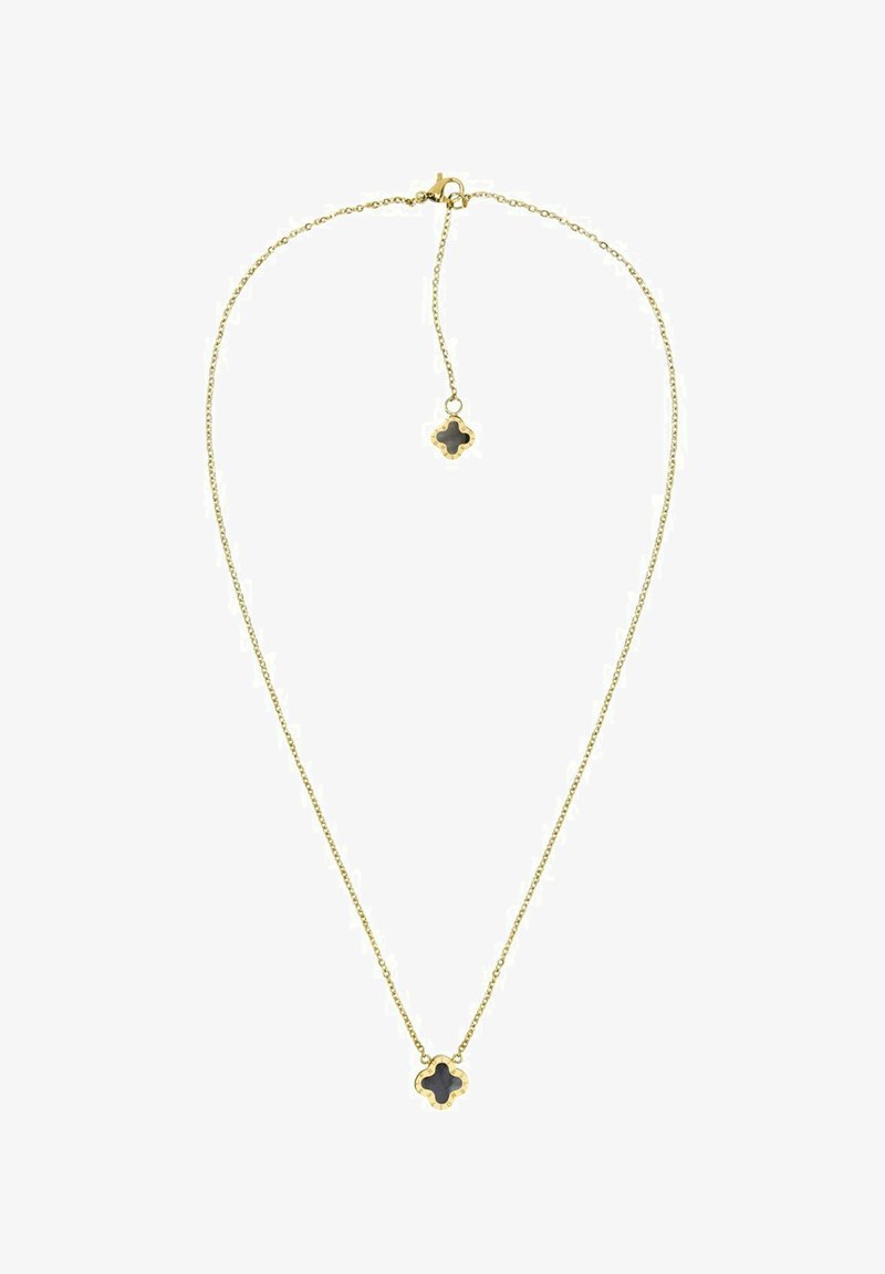 Gouden ketting met een delicate schakel en een zwart klavervormig pendant, voorzien van een verstelbare lengte kettingverlenging.