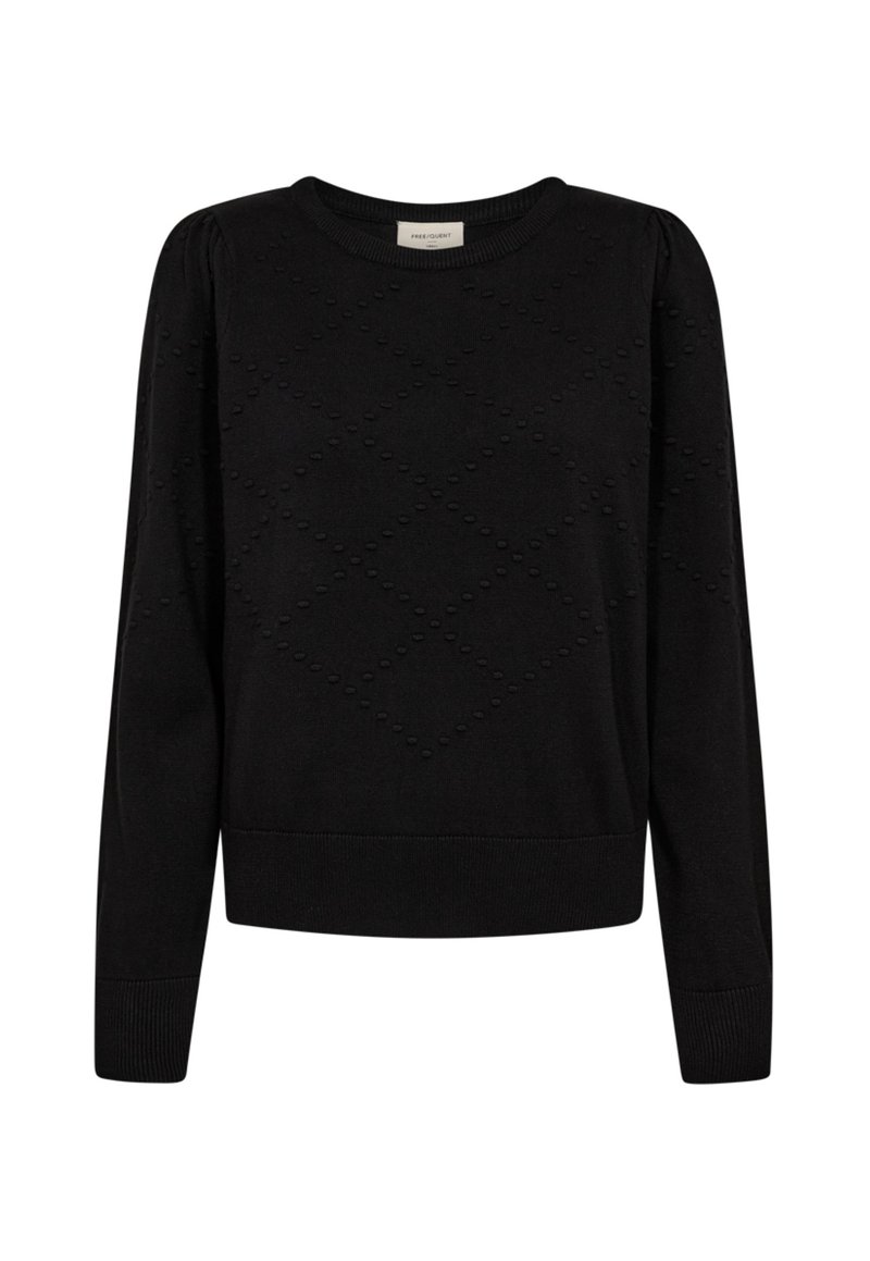 Zwarte gebreide trui met lange mouwen, subtiele verhoogde stippendiamantpatroon en geribbelde mouwen en zoom, ronde halslijn.