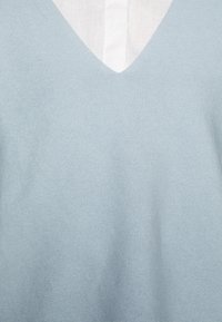 Veste tricotée bleu clair superposée sur une chemise blanche à col, montrant l'encolure en V et la partie supérieure de la poitrine.