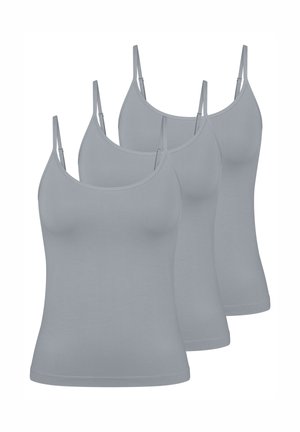Szare bawełniane topy na ramiączkach w opakowaniu po trzy sztuki. Posiadają cienkie ramiączka, okrągły dekolt oraz gładką fakturę z dopasowanym krojem.