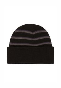 Gebreide beanie muts in het zwart met grijze en paarse horizontale strepen. Heeft een opgerolde rand en een gestructureerde stof voor warmte.