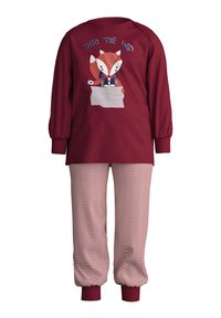 Langärmliges weinrotes Oberteil mit einem Fuchs-Graphic und dem Text "Into the Wild"; kombiniert mit rosa gestreiften Schlafanzughosen mit elastischen Bündchen.