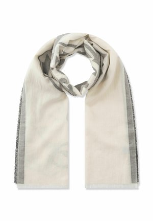 Écharpe rectangulaire beige clair avec des bords gris foncé et des motifs abstraits subtils, légèrement enroulée au centre supérieur.