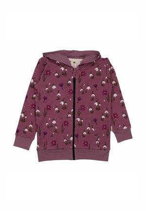 Kapuzensweatjacke mit Reißverschluss vorne in Mauve, verziert mit einem Blumenmuster aus lila und weißen Blumen, langen Ärmeln und Fronttaschen.