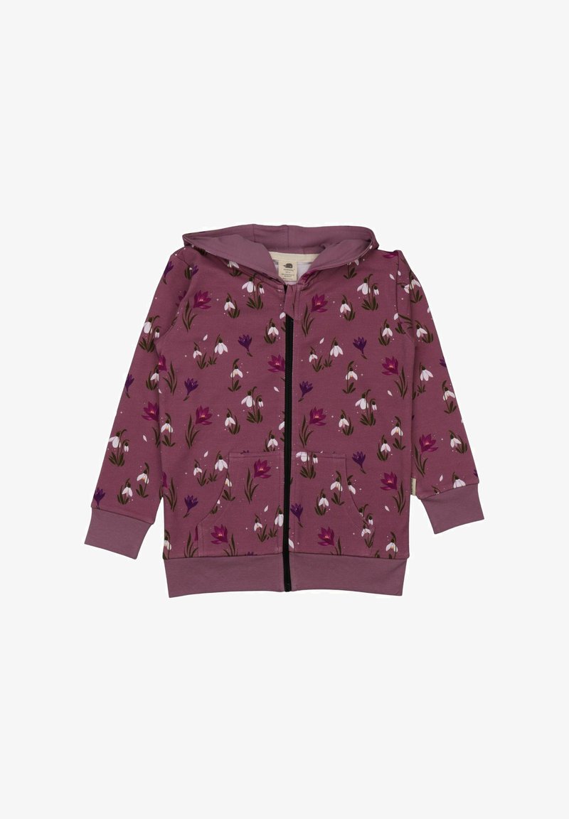 Kapuzensweatjacke mit Reißverschluss vorne in Mauve, verziert mit einem Blumenmuster aus lila und weißen Blumen, langen Ärmeln und Fronttaschen.