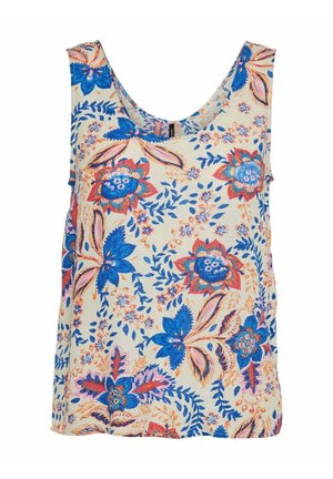 Mouwloze crèmekleurige tanktop met levendig blauw, oranje en roze bloem- en bladmotief, met een ronde halslijn.
