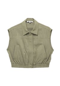 Gilet senza maniche tagliato in tessuto verde oliva, con colletto a punta, chiusura frontale con bottoni e due tasche laterali. Fondo con vita elasticizzata.