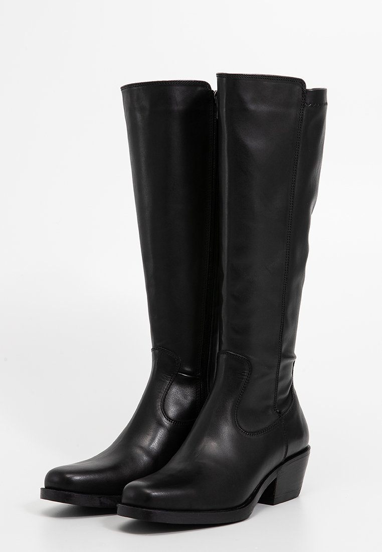 Knöchelhöhe schwarze Lederstiefel mit glatter Textur, runder Spitze, leichtem Absatz und Nahtdetails an der Vorder- und Seite.